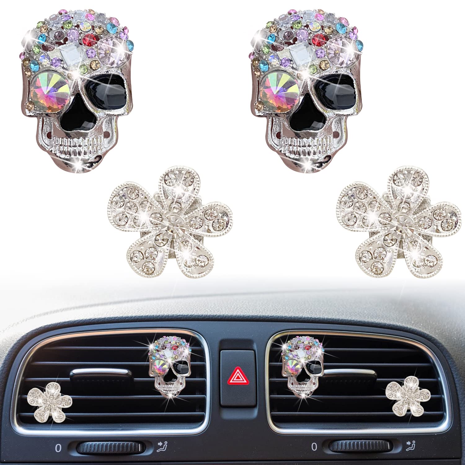 Bling Skull &amp; Daisy Air Vent Clips, 4 Pcs Crystal Skull Car Air Fresheners Vent Clips Car Diffuser Vent Clip Rhinestone Diamond Car Decoration Cute Car Interior Decor Bling Car Accessories for Women (Skull&amp;Daisy)