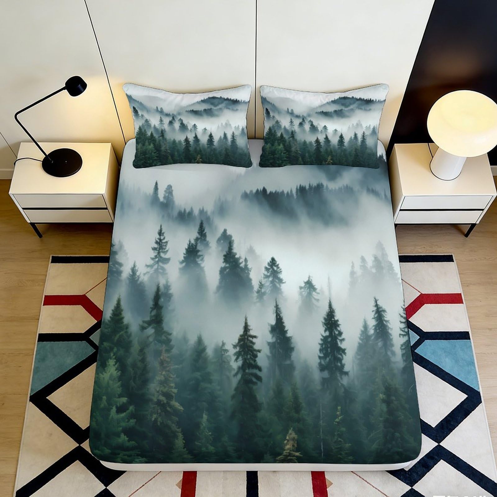 3D Printed Misty Forest Fitted Sheet Microfiber Soft Breathable Foggy Pine Mattress Cover for Bedroom Dormitory Guest Room Bed Protection Decor 140x200x25cm