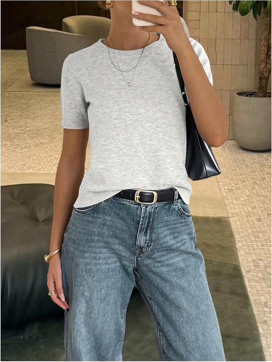 GORGLITTER Women's Short Sleeve Sweater Dressy Fall Sweaters 2025 Casual Crew Neck Knit Pullover Tops White Large - Image 3