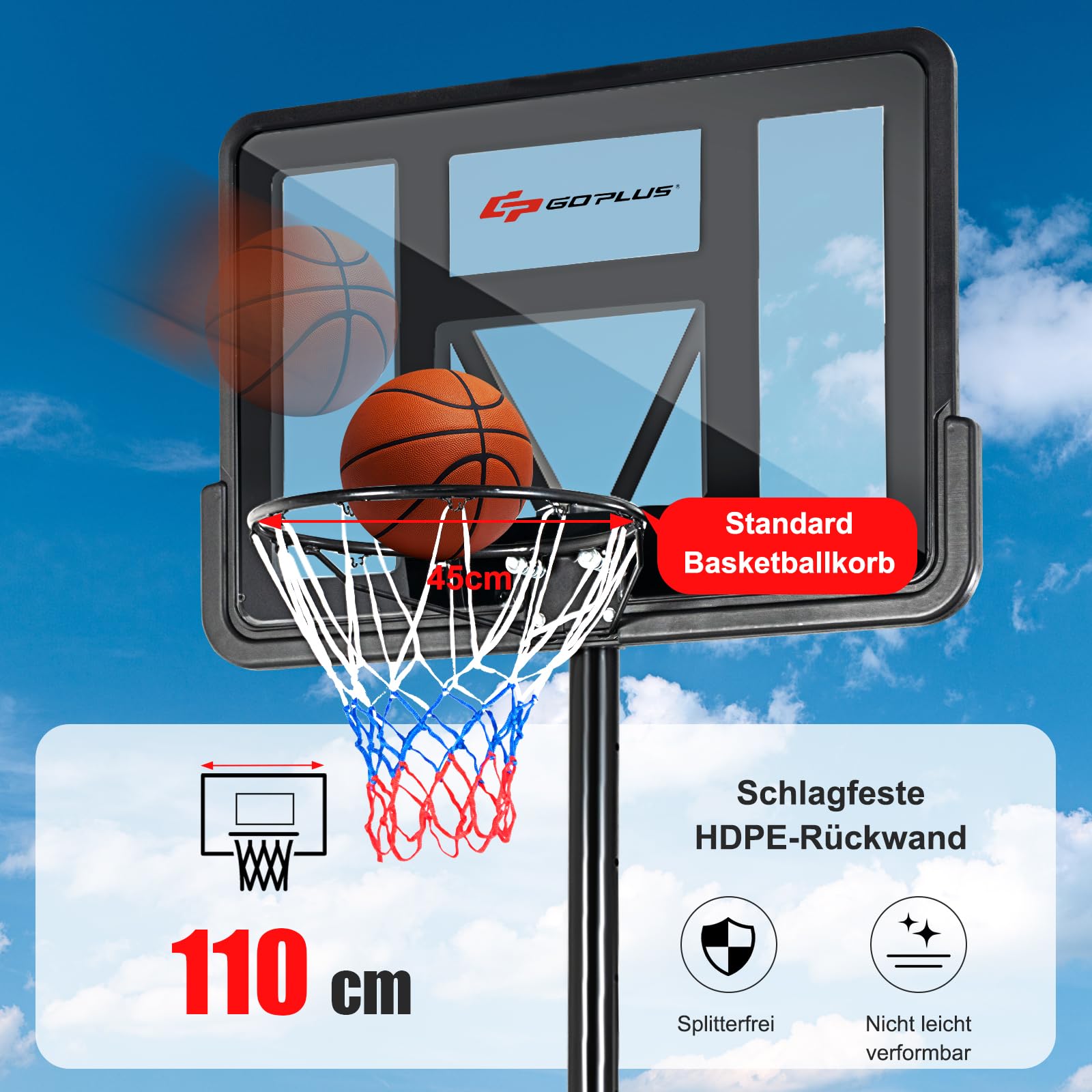 GOPLUS Basketballständer, Basketballanlage höhenverstellbar 130-305cm, Korbanlage Standfuß mit Wasser oder Sand, Basketballkorb mit Ständer für Jugendliche, Erwachsene