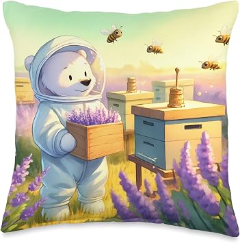 Ice Bear Beekeeper In A Lavender Field. Beehives Bees Gentle Throw Pillow
