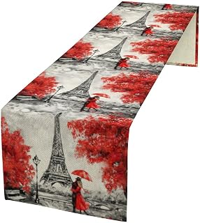 Paris Eiffel Tower Table Runner, Watercolor Eiffel Tower Dinner Runner for Farmhouse Kitchen Dining Table Holiday Party Decoration 13 x 36 in