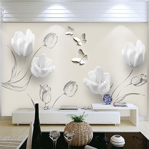 Papel tapiz moderno 3D de flores de mariposa de tulipán, murales de pared de plantas de flores simples, papel tapiz mural para sala de estar,