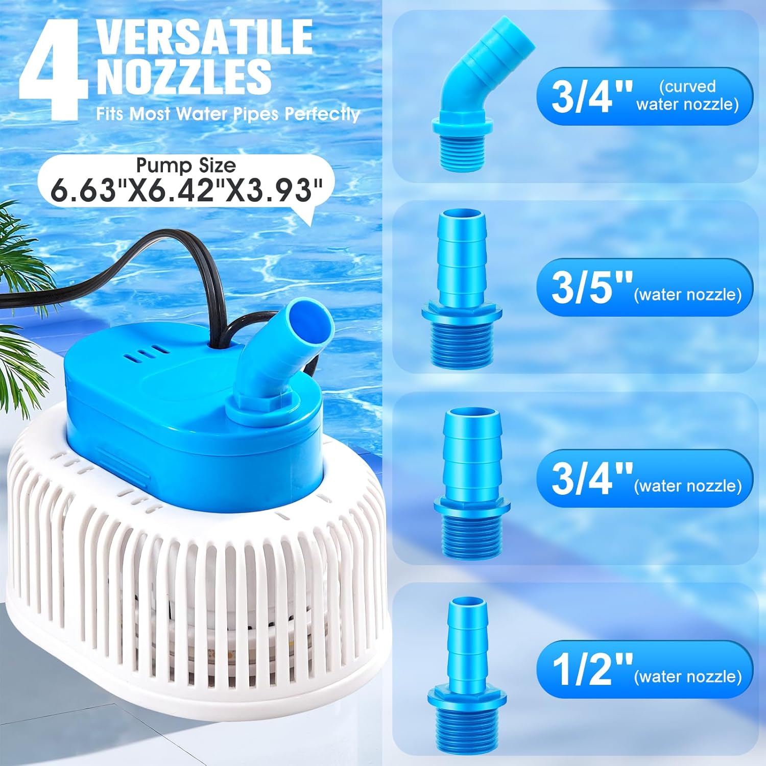 Pool Cover Pump with Lights, Above Ground Sump Pump Submersible, Sump Pumps for Pool Draining, Water Removal Pumps with 16ft Drainage Hose & 25 ft Extra Long Power Cord,850 GPH,4 Adapters-Light Blue