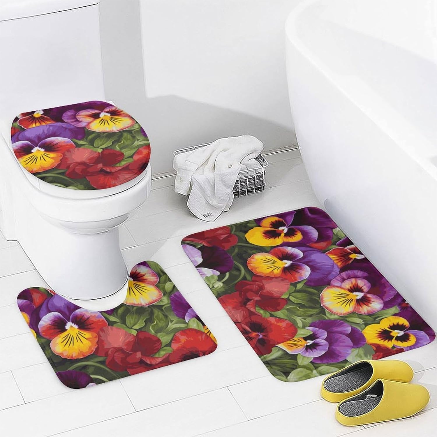 Pansy Perfection Shower Curtain Set 4 Piece, Non-Slip Bath Mat with Toilet Lid Cover and Waterproof Shower Curtain with 12 Hooks, Complete Bathroom Set for Home Decor