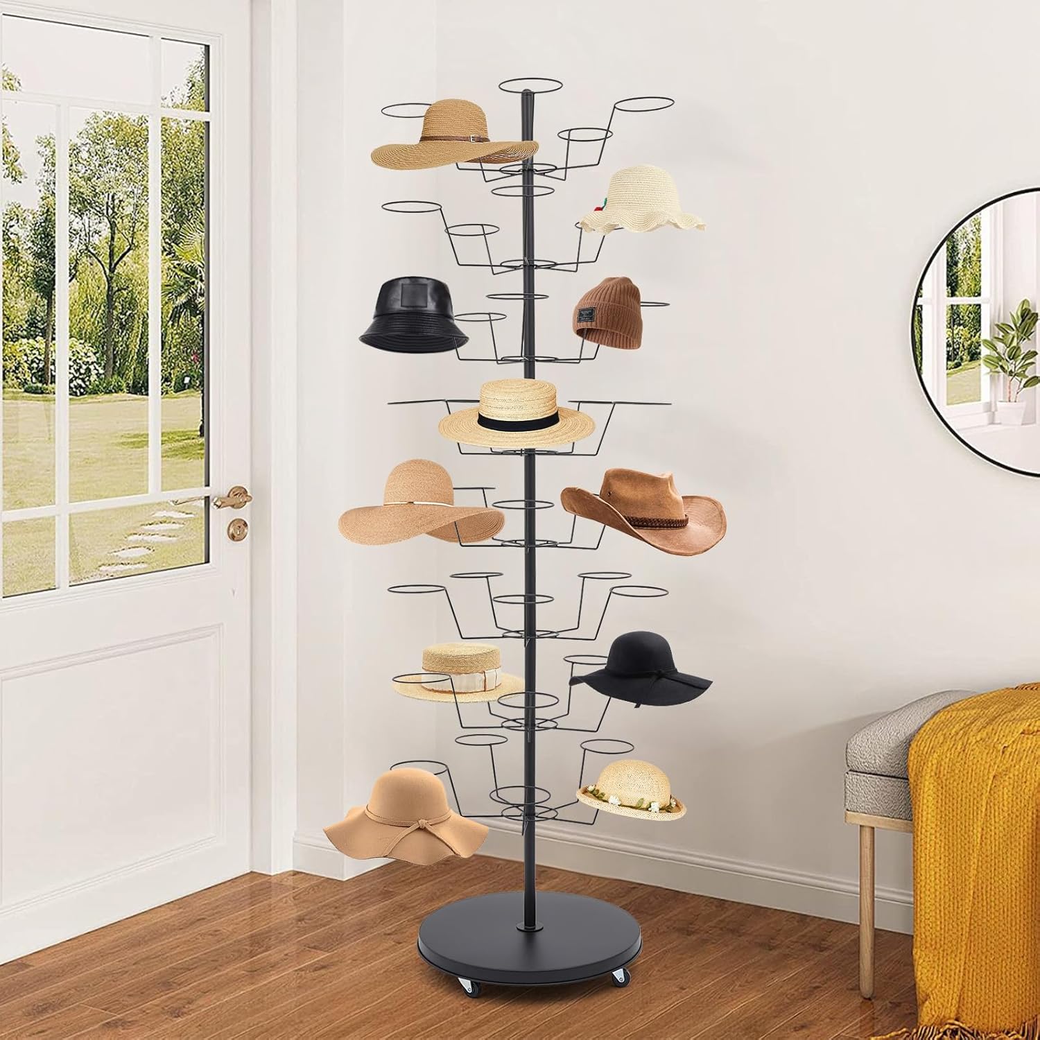 8-Tier Hat Display Stand, Cap Hanger Rack with 40 Circular Hooks & 4 Universal Wheels, Commercial Hats Organizer Rack for Retail Store, Clothing Store, Living Room (Black)