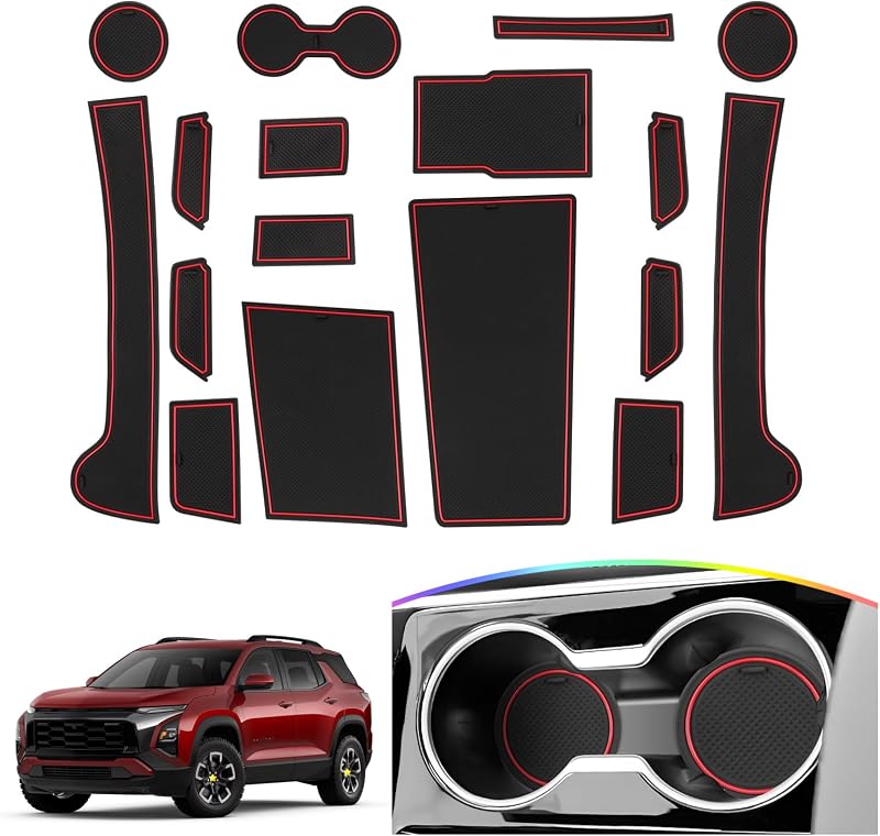 Kit de bandejas e tapetes para compartimentos internos SKTU compatível com Chevrolet Equinox 2025–2027 LT/Activ/RS, acabamento vermelho, 17 peças