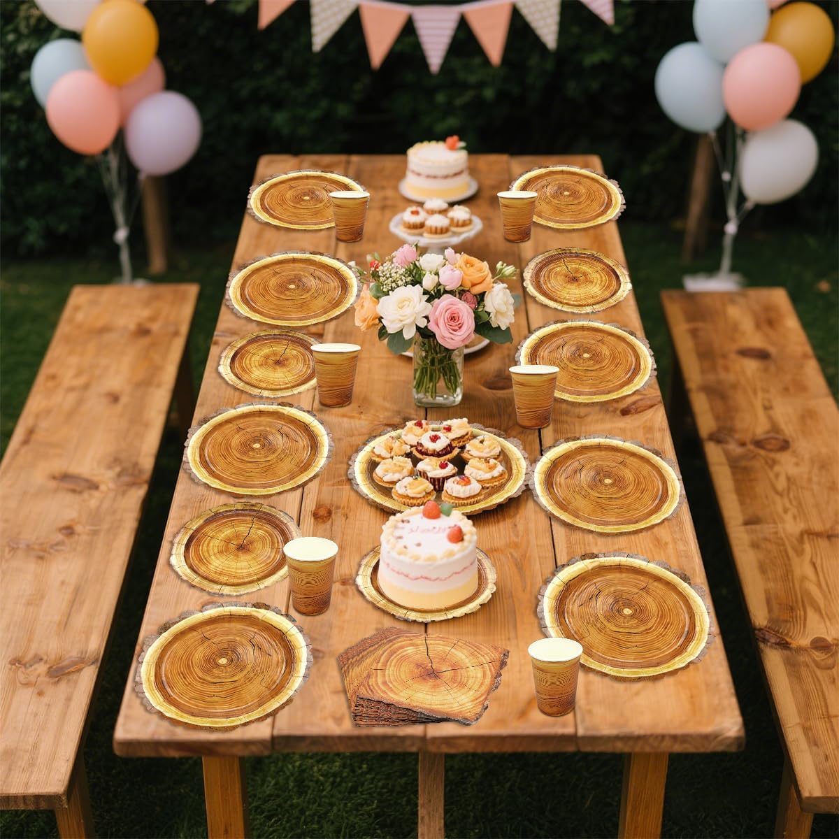 175 Pieces Camping Wood Grain Slice Tableware Set Rustic Wood Party Decorations Plates Napkins Cups Knives Fork Spoon for Hunting Birthday Party Decorations Serve 25 Guests