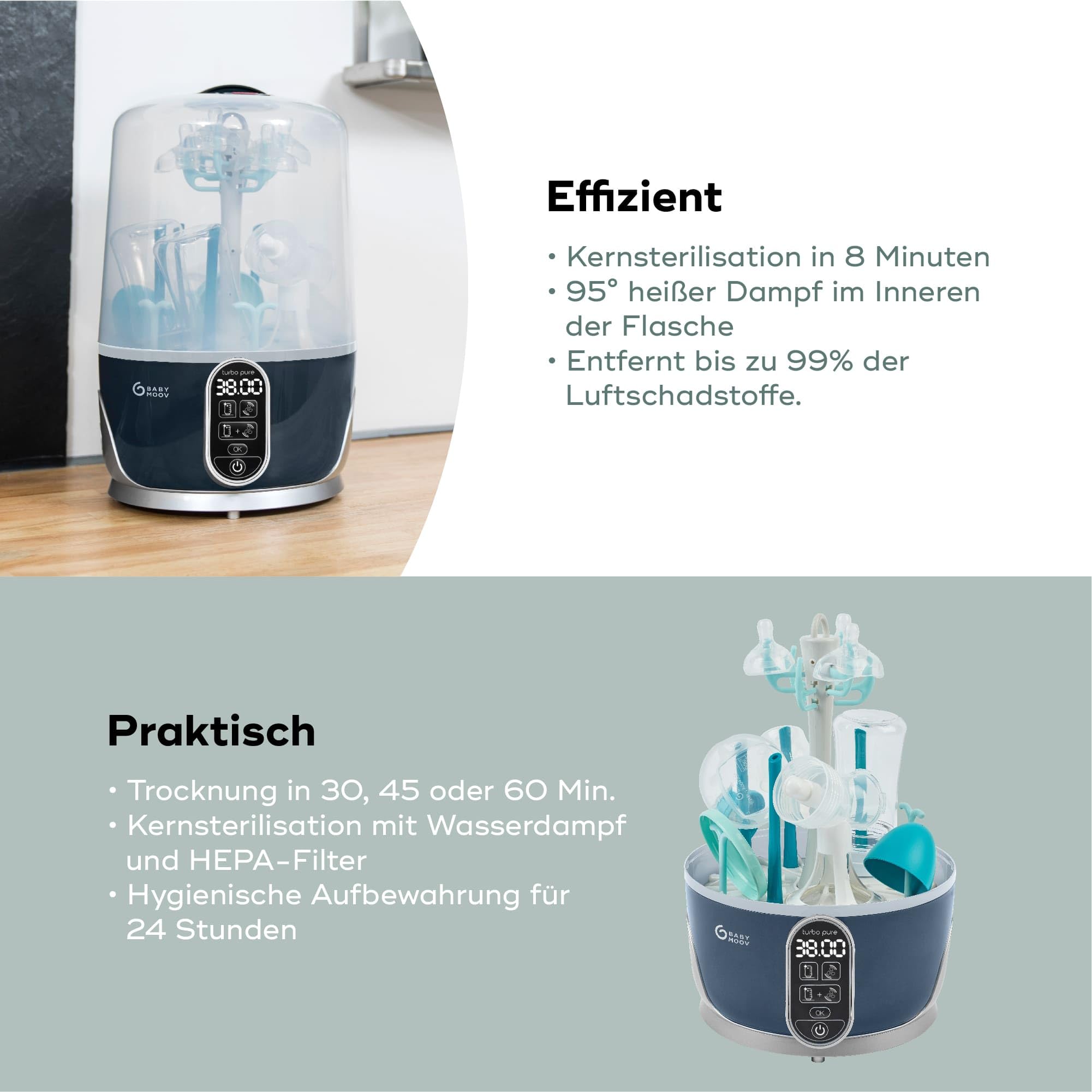 Babymoov Turbo Pure 2-in-1 Sterilisator und Flaschentrockner für Babyflaschen, 6 Flaschen Kapazität, Multifunktional für Babyzubehör