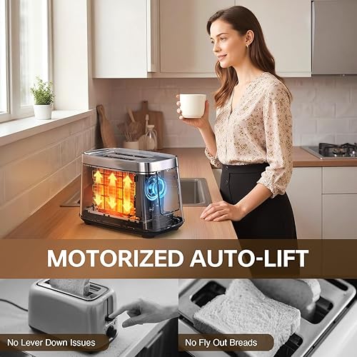 Miniatura 3 de Mecity Tostadora de 2 rebanadas con pantalla táctil y elevación automática, tostadora de acero inoxidable con 8 ajustes de pan, 5 niveles de sombra,
