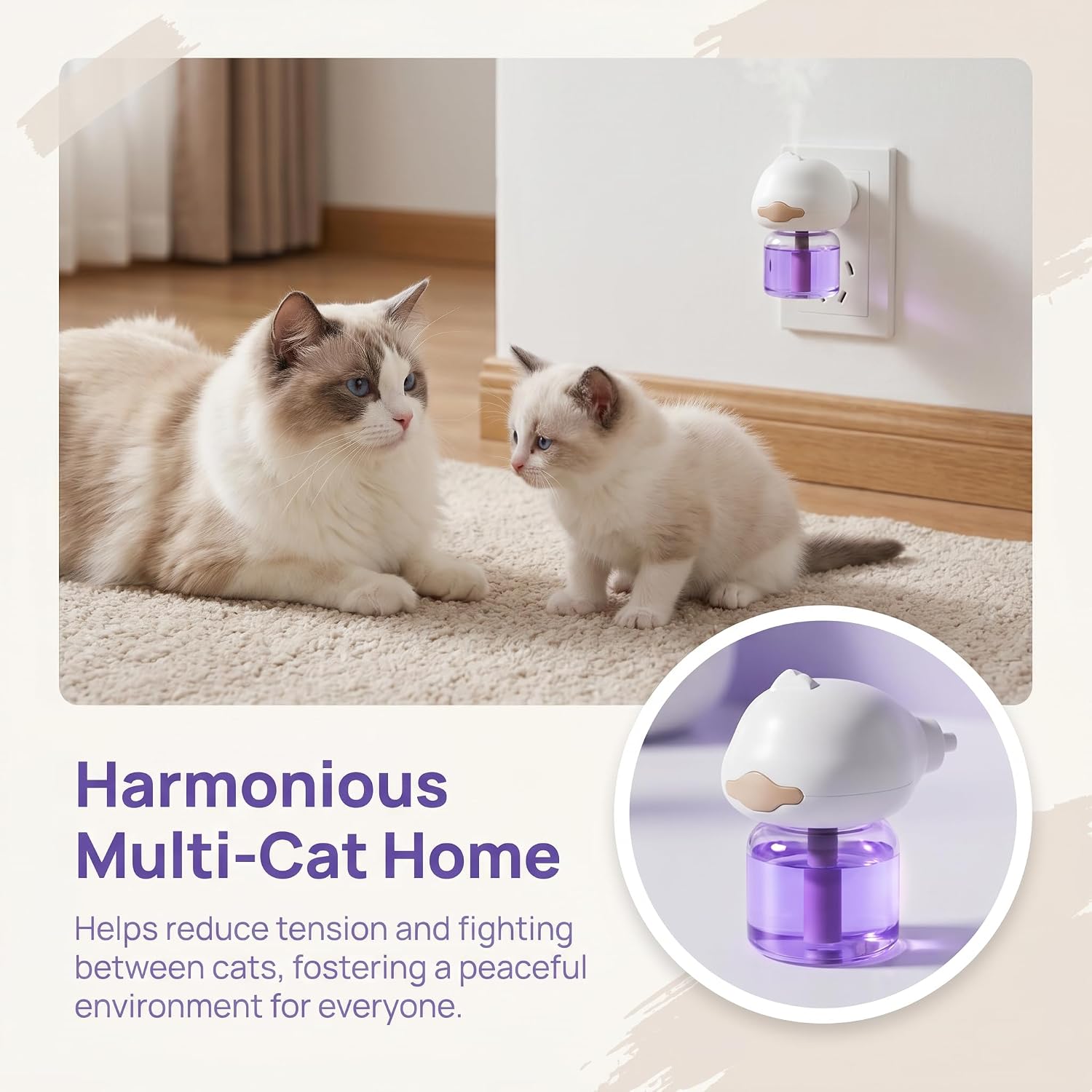 Cat Calming Diffuser Kit with 1 Diffuser Heater +2 Pack 45ml Refills, Cat Pheromones Calming Diffuser for Cat Anxiety Relief, Stress Reduction & Behavior Support, Suitable for All Cats(90ml Total)