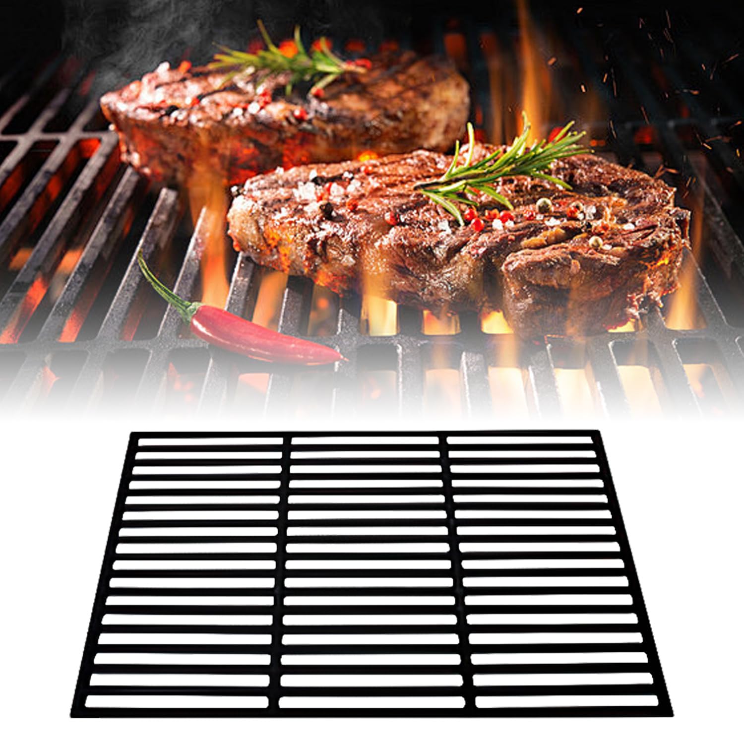 Żeliwny ruszt do grillowania, 42 x 28 cm, emaliowany zapasowy ruszt do grillowania, prostokątny, wytrzymały i magazynujący ciepło, do grilla gazowego, grilla na węgiel drzewny i BBQ w ogrodzie