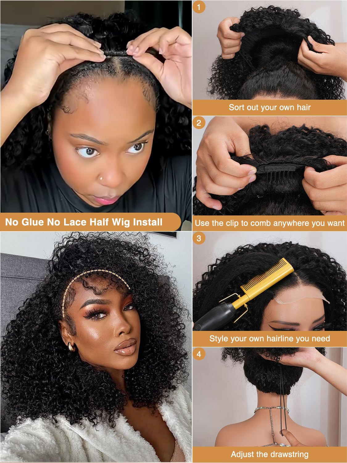 Kinky Curly Half Wig Human Hair 200% Density 16 inch 3 In 1 Wear Go Glueless Wigs Human Hair Drawstring Seamless Flip Over Wig for Women Daily Wear Headband Wig Beginner Friendly Black