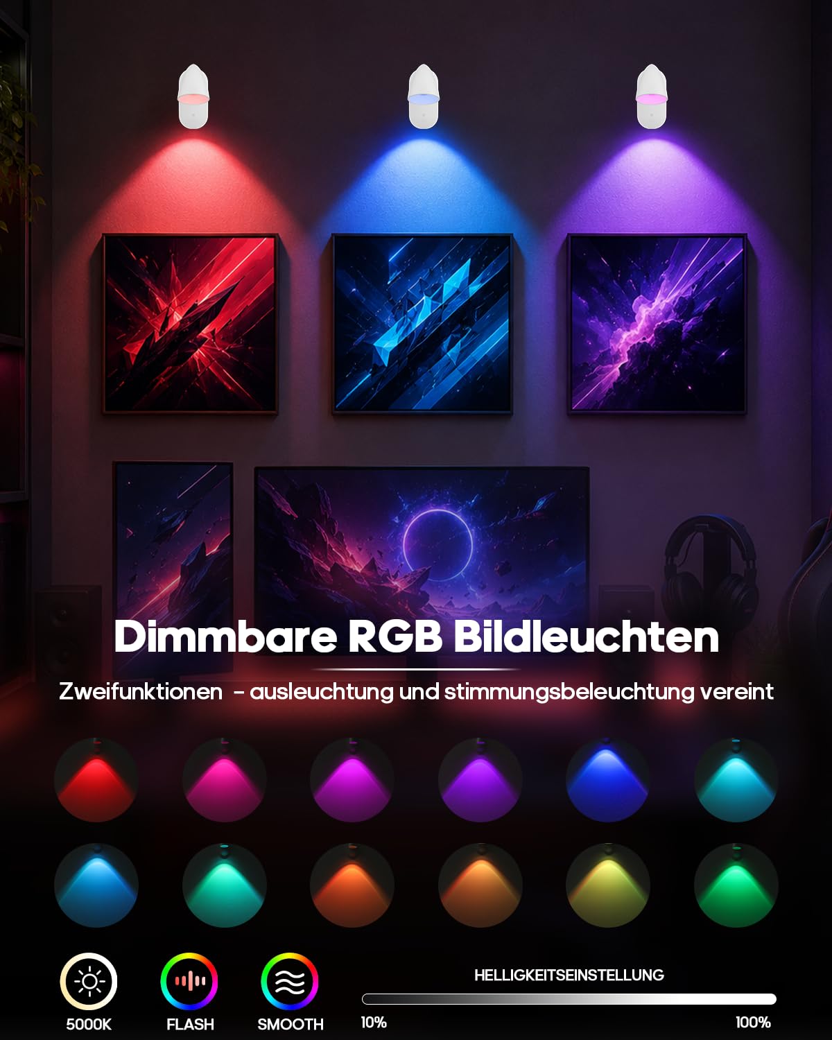 GOODEA RGBW Bilderleuchte Kabellos Innen Wandbeleuchtung mit Timer & Memory | 130°&360° Verstellbar 4000mAh Akku LED Spot, Dimmbar &13 RGB-Farben Bildbeleuchtung mit Fernbedienung für Bilder, Wand Deko