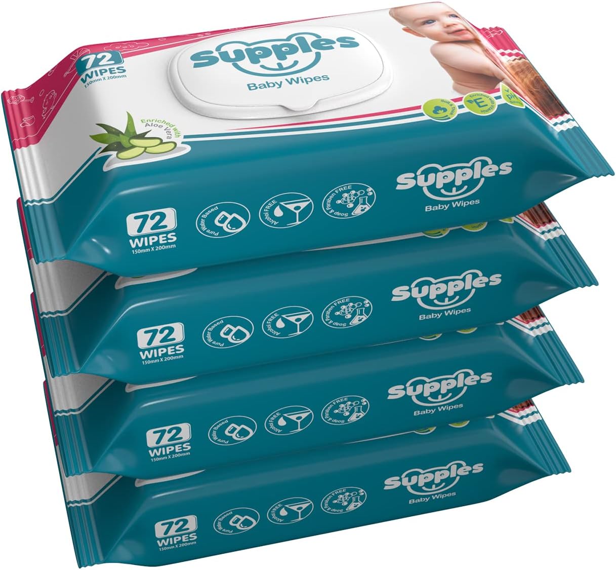 Amazon Brand - Supples Baby Wet Wipes with Lid | 288 Wipes | 72 Wipes x 4 Packs | Enriched With Aloe Vera and Vitamin E | Alcohol-Free and Paraben-Free | Pure Water-Based formulation