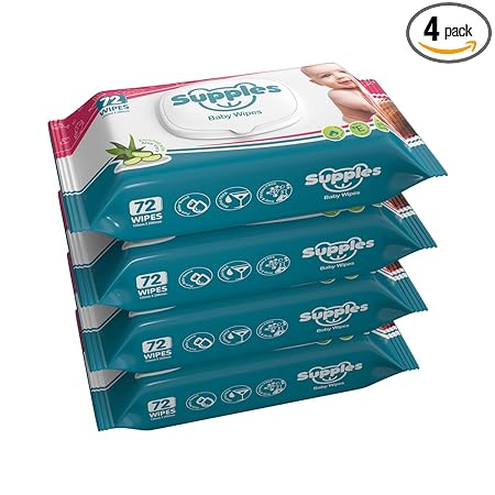 Amazon Brand - Supples Baby Wet Wipes with lid Enriched with Aloe Vera, 72 Wipes/Pack (Pack of 4)
