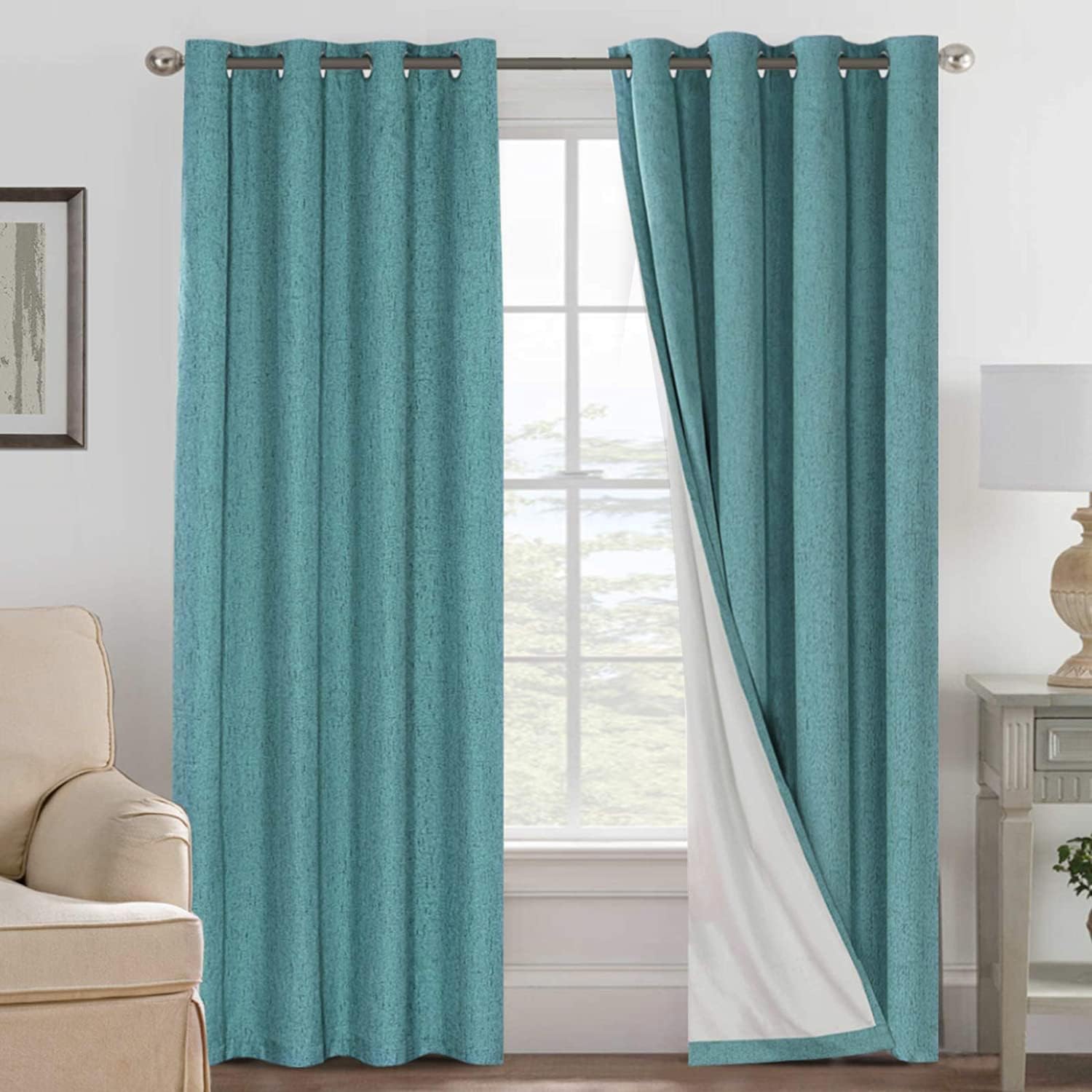 H.VERSAILTEX Linen Curtains 100% Blackout Curtains for Bedroom 90 inch Long Full Light Blocking Nature Linen Blended Window Curtains for Living Room Nickel Grommet (2 Panels, Teal)