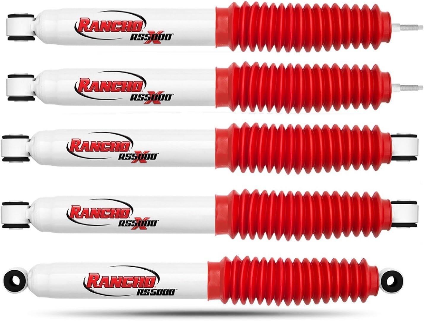 Rancho RS55221 RS55274 RS5404 Pair of Front and Rear Shock Absorbers with Steering Stabilizer Suspension Kit Bundle for 1994 to 1999 Dodge Ram 2500 Models