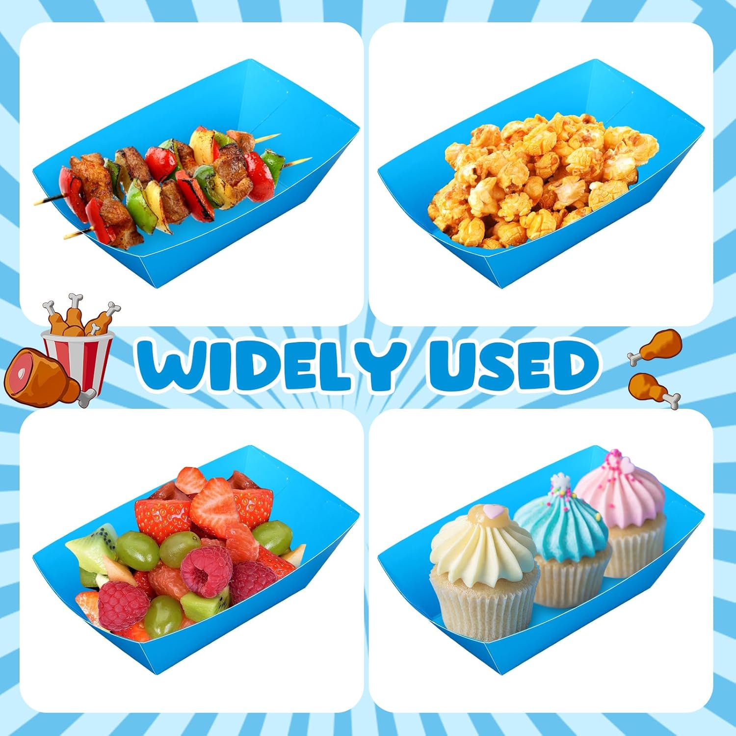 Uiifan 200 Pcs Paper Food Boats Disposable Paper Food Tray Grease Resistant Disposable Serving Tray Cardboard Hot Dog Holder for Burgers Fries Sandwiches Picnic Party (Blue,4.9"x3"x2")