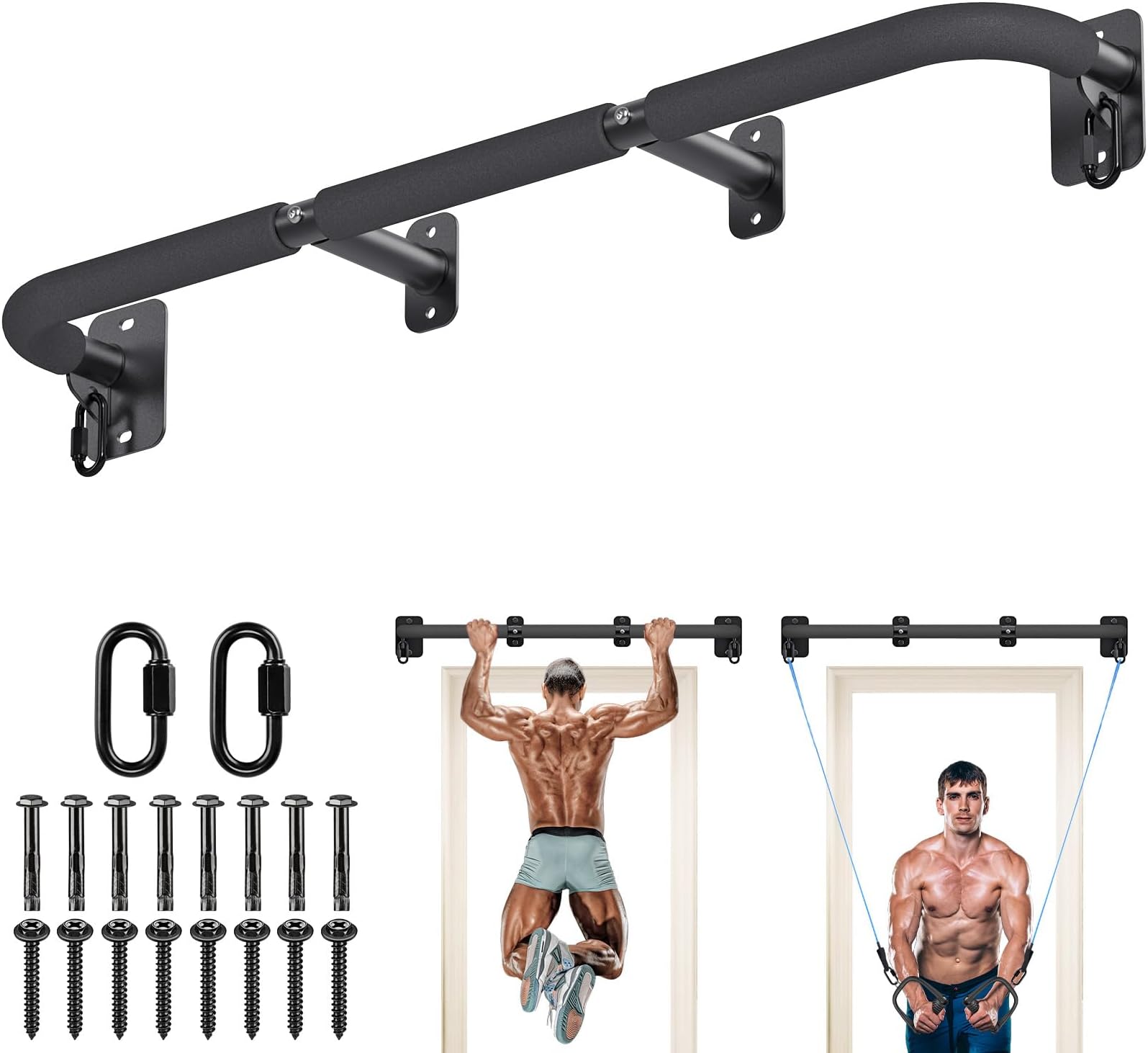 SELEWARE Heavy Duty Wall Mount Pull Up Bar, Joist Mount Chin Up Bar for Doorway, Sturdy Steel Construction, w/Resistance Band Hooks, Fits 32"/36" Wall Studs for Home Gym Strength Training