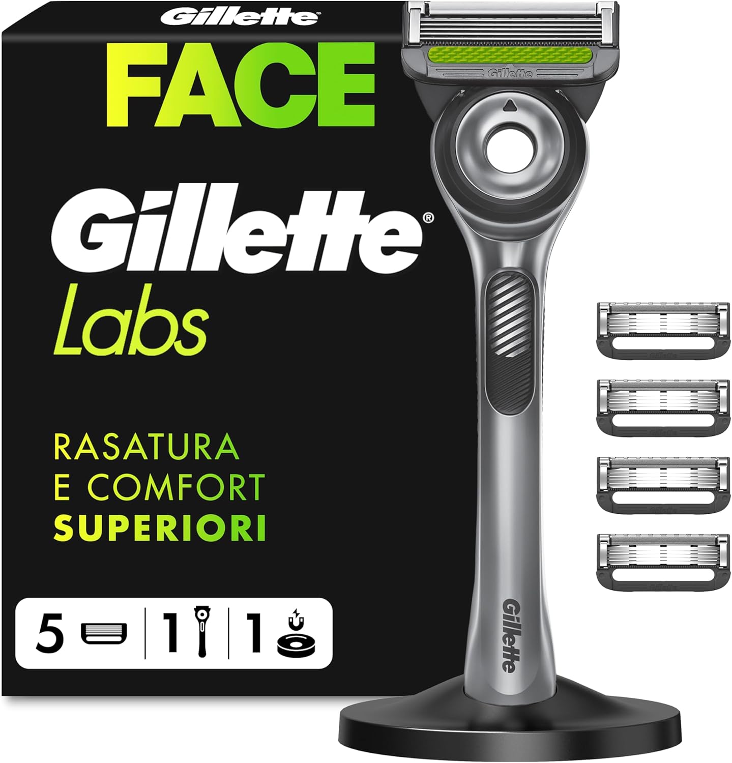 Gillette Labs Rasoio Barba Manuale con Barra Integrata, 1 Manico, 5 Lamette Gillette di Ricambio, con Base Magnetica, Grigio, Rasoio Barba e Lamette di Ricambio