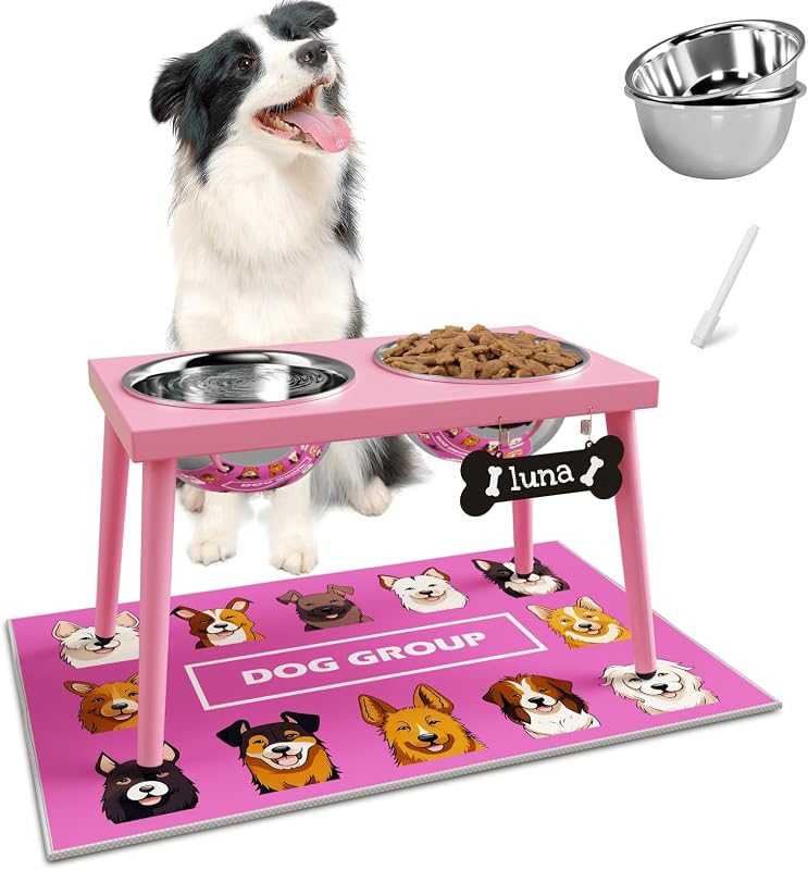Comedouro Elevado para Cães Médios e Grandes ADENGL com Tapete Antirrespingos e 2 Tigelas de Aço Inoxidável 1,7 L, Rosa