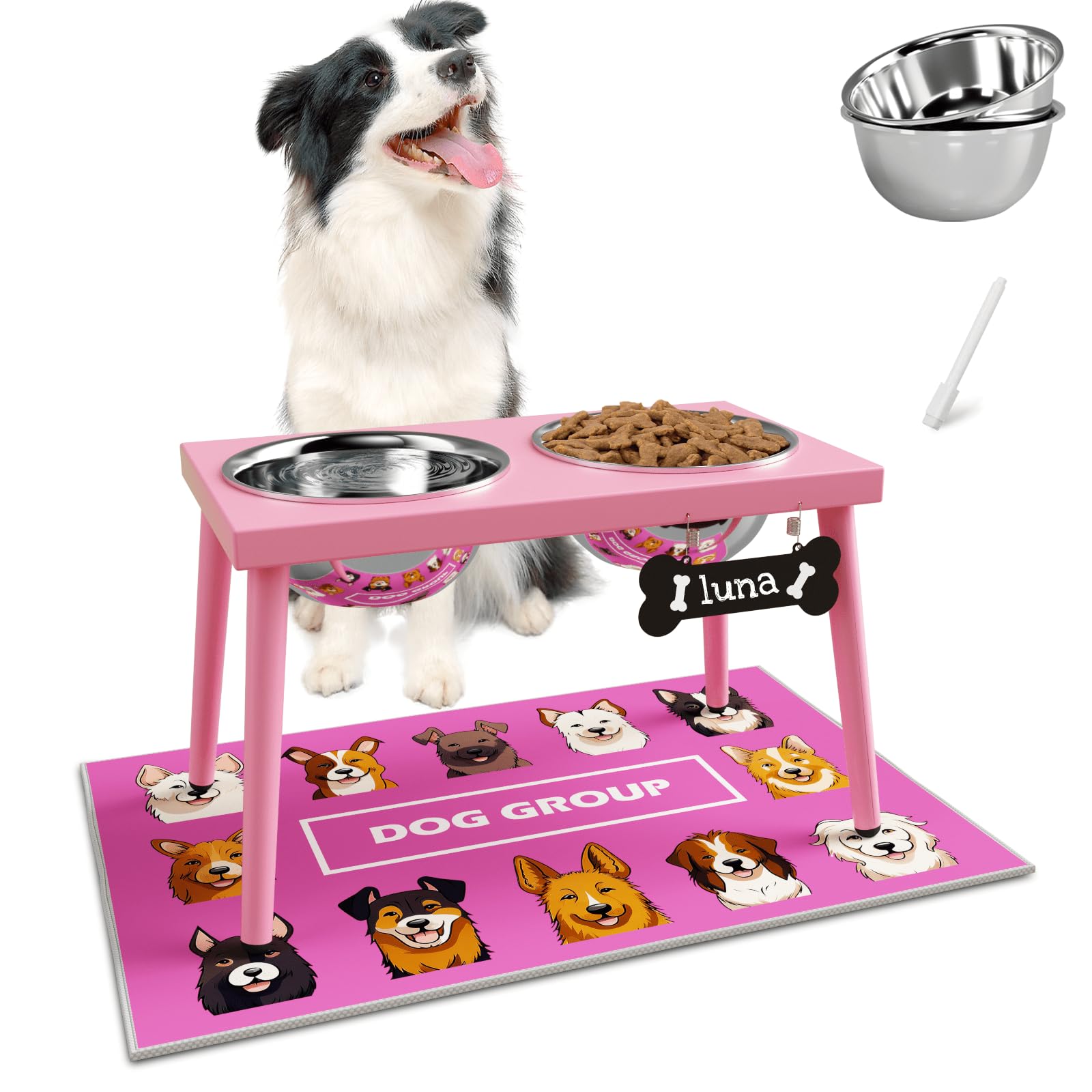 ADENGL Raised Dog Bowl Stand for Large Medium Dogs, Elevated Dog Bowls with Sprill Proof Mat &amp;Two 58OZ Stainless Steel Bowls,Pink