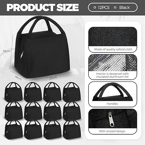 Miniatura 2 de Chunful 12 bolsas de almuerzo aisladas a granel para niños, mujeres y adultos, reutilizable, bolsa de almuerzo impermeable con aluminio (negro)