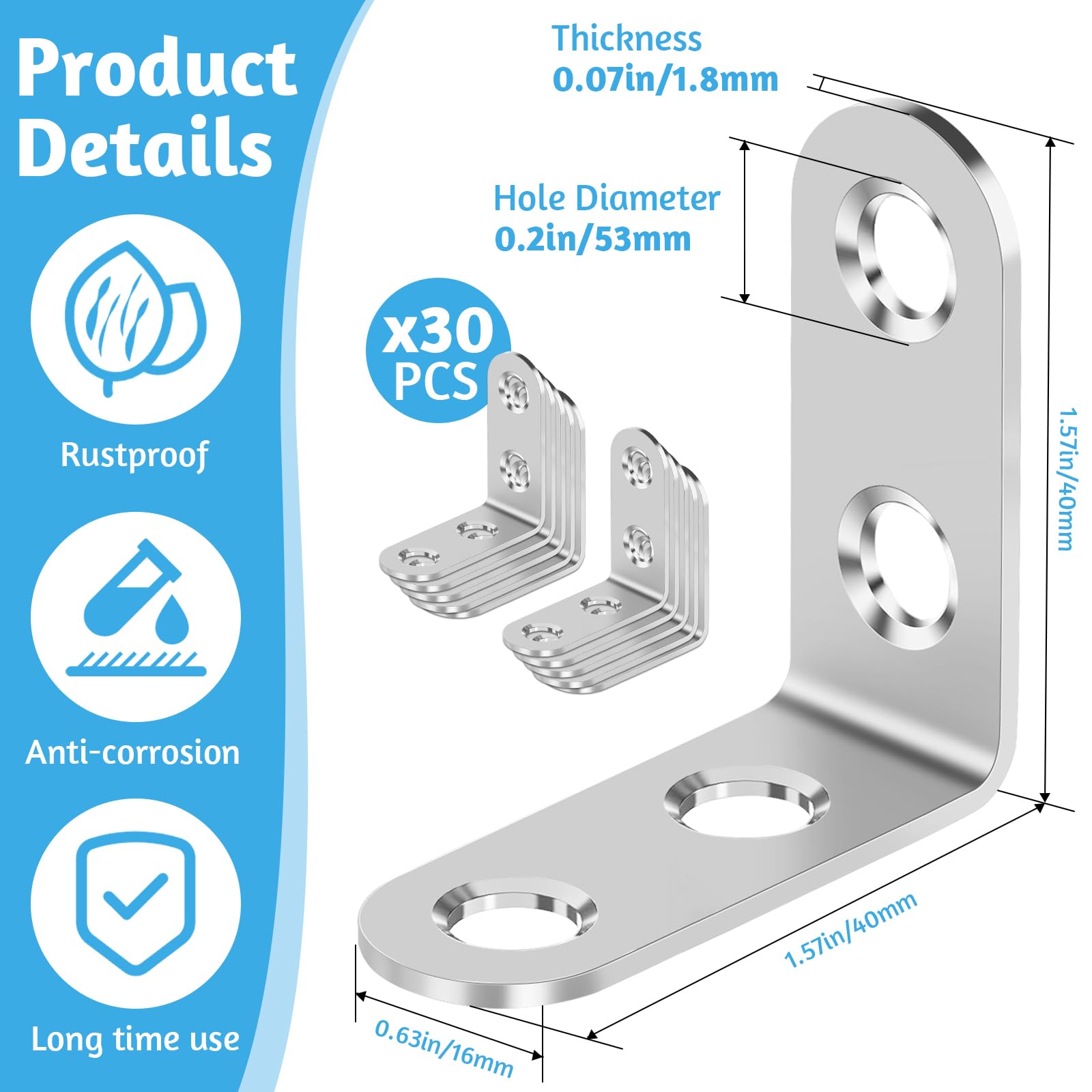 30 Pack 90 Degree Bracket 40*40 mm,Angle L Brackets, Stainless Steel,L Shaped Bracket,Right Angle L Metal Brackets Angle Shelf Support Angle Connectors for Repairing Furniture,Cabinets with Screws - Image 2