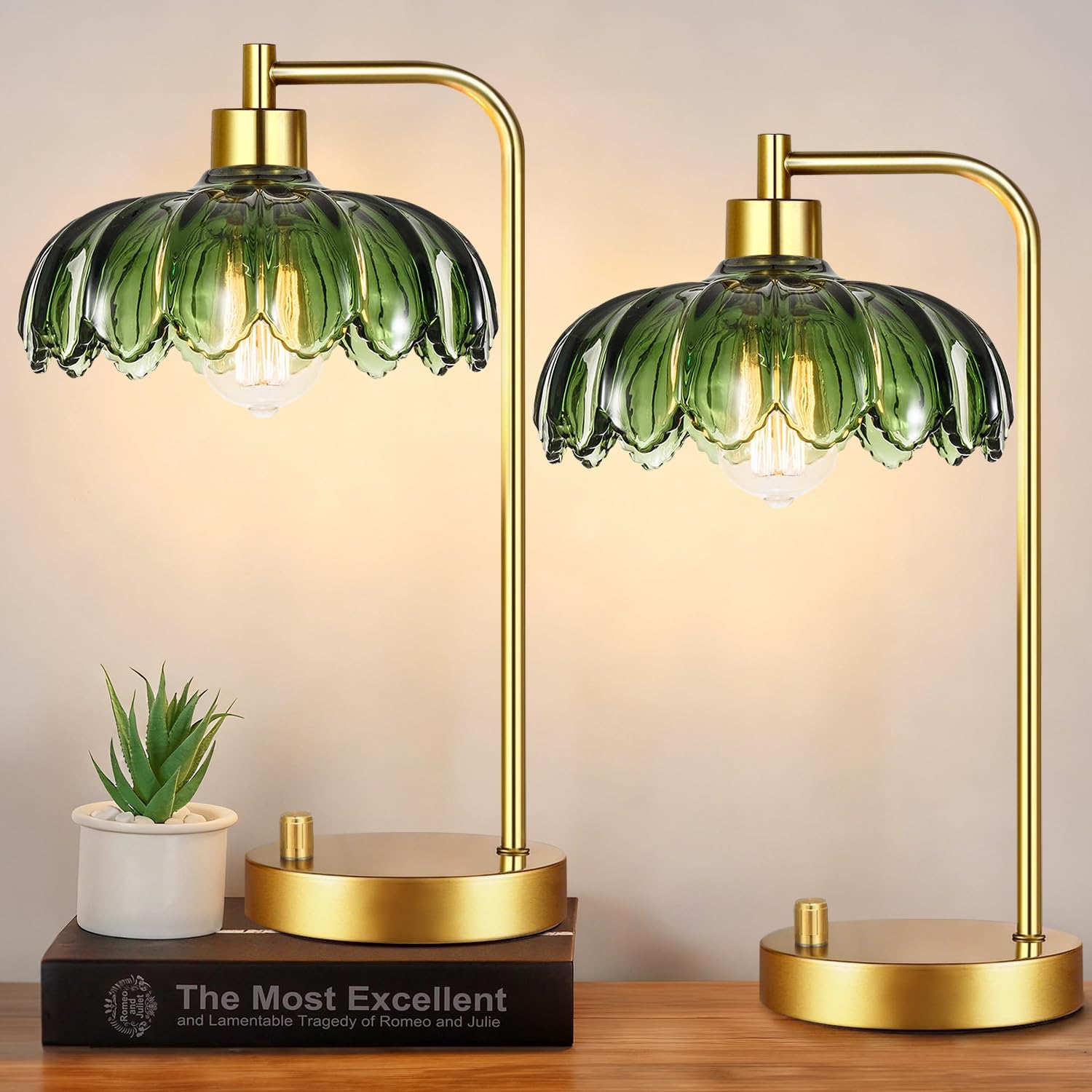 Photo 1 of ILLMTW Glass Table Lamp Set of 2,Small Gold Bedside Lamps Dimmable Boho Bedroom Lamp with Tulip Flower Green Lamp Shade,Vintage Mid Century Modern Mini Nightstand Lamp for Bedroom Living Room