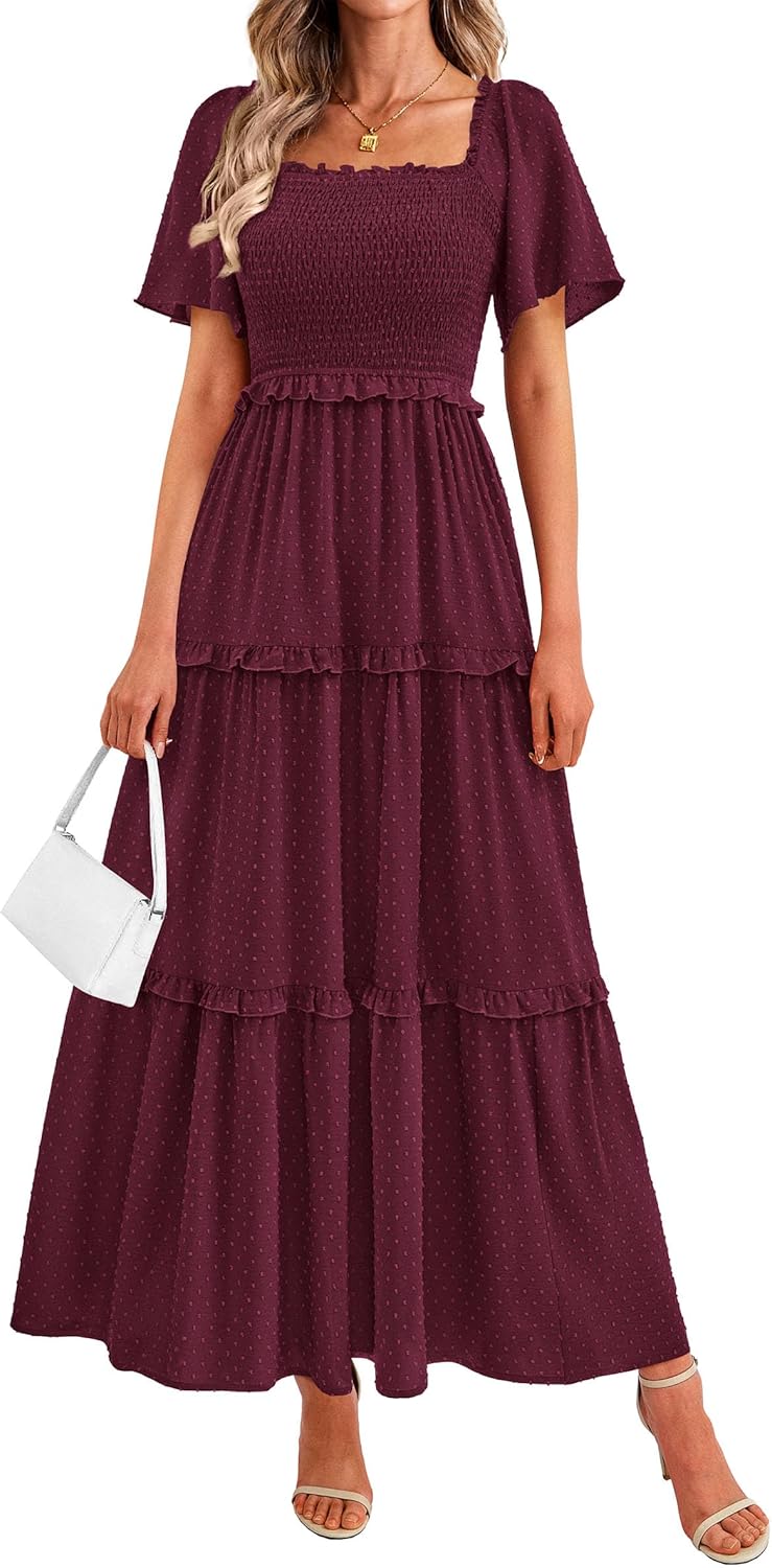 PRETTYGARDEN Summer Dresses for Women 2026 Boho Swiss Dot Smocked Square Neck Short Sleeve Spring Wedding Guest Maxi Dress