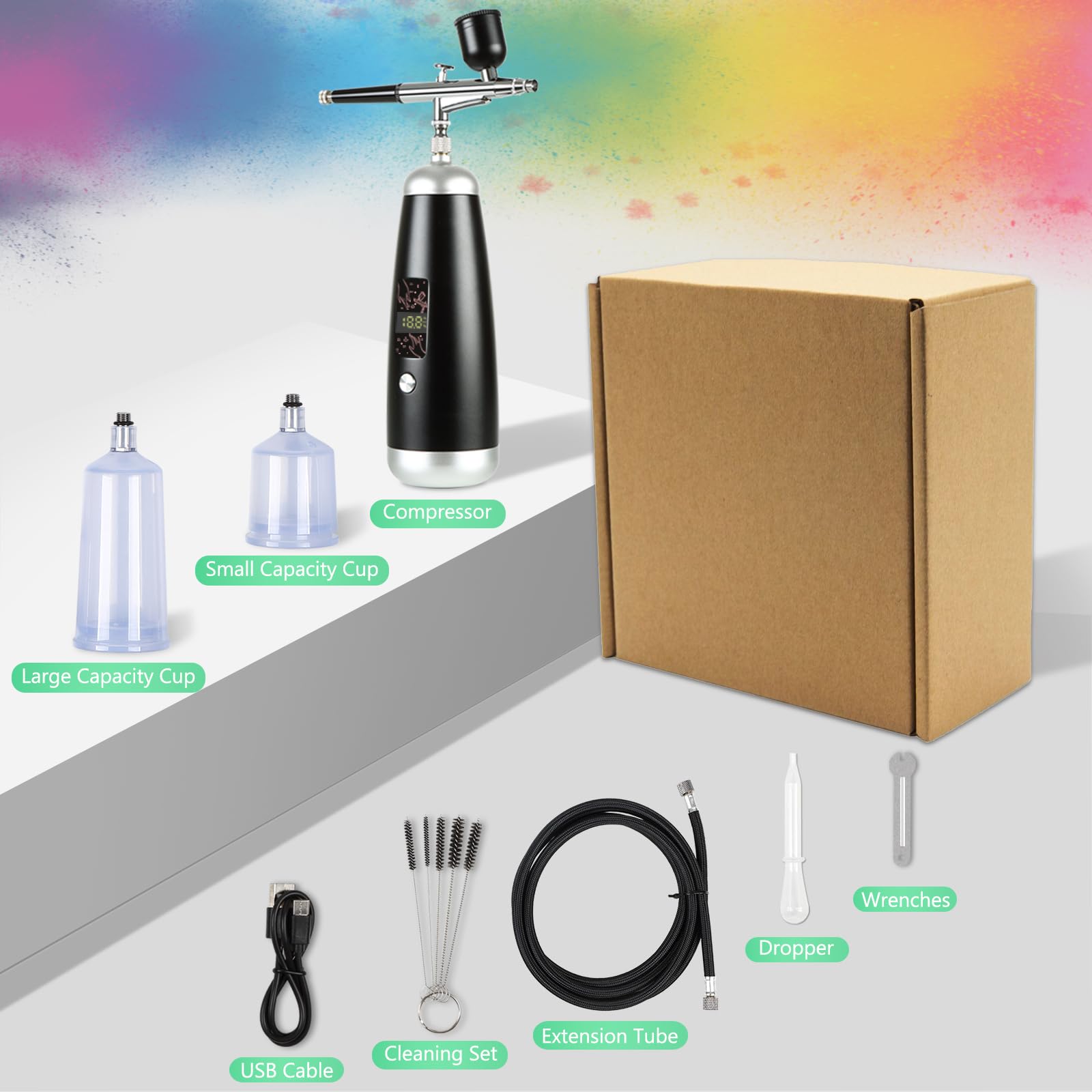 Airbrush Kompressor Set Make-up Spritzpistole Tragbares Kabelloses Set, 36PSI Wiederaufladbares Manuelles mit langen Düse für Malerei, Tortendekoration, Färbemuster, Nagelkunst, Täto