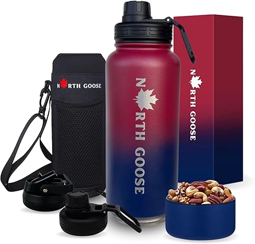 Botella de agua aislada con popote, 2 tapas, bolsa de transporte y cuenco desmontable. Frasco de agua de acero inoxidable a prueba de fugas sin BPA.