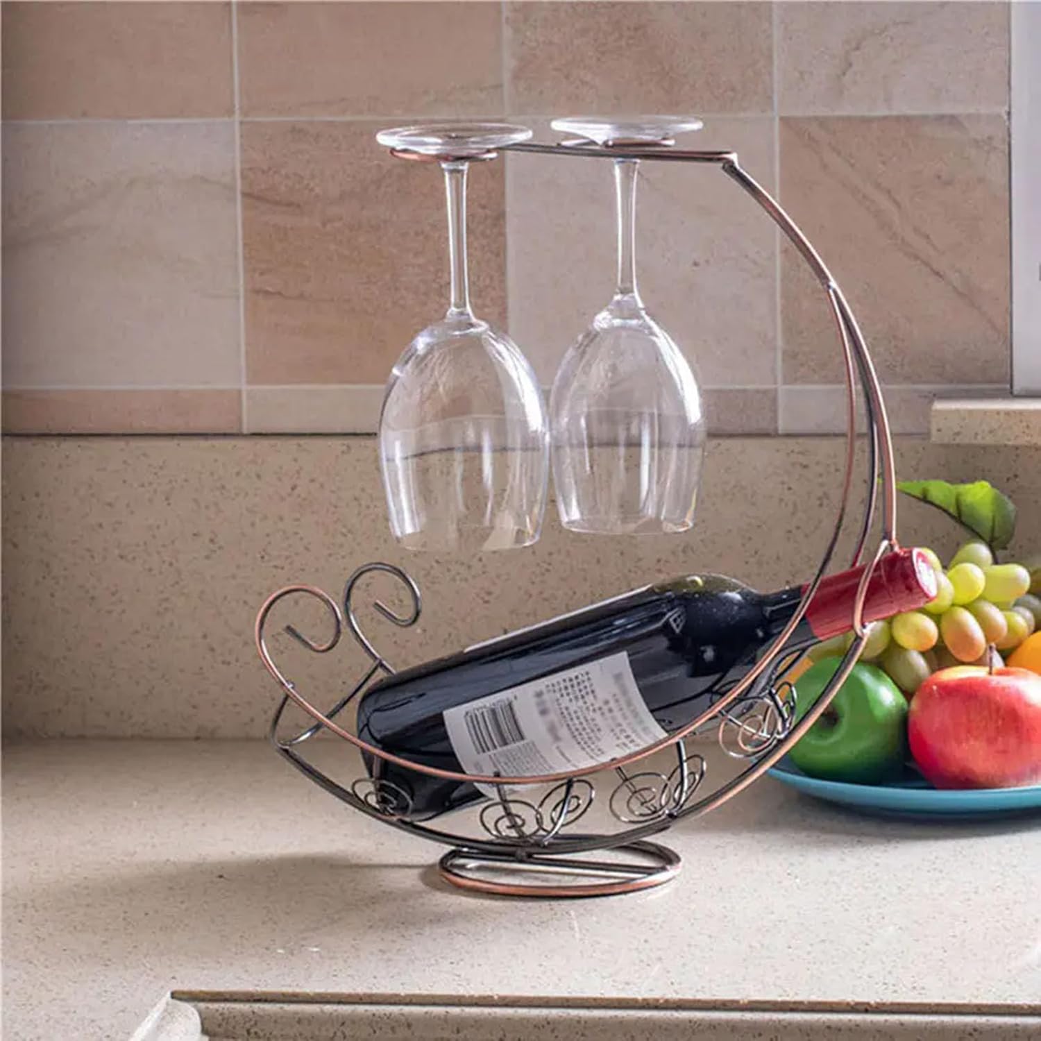 Generic Countertop Wine Rack for 1 Bottles and 2 Glasses - Freestanding Metal Tabletop Wine Holder Stand for Cabinet Pantry - Wine Bottle Holder Countertop - No Assembly Required