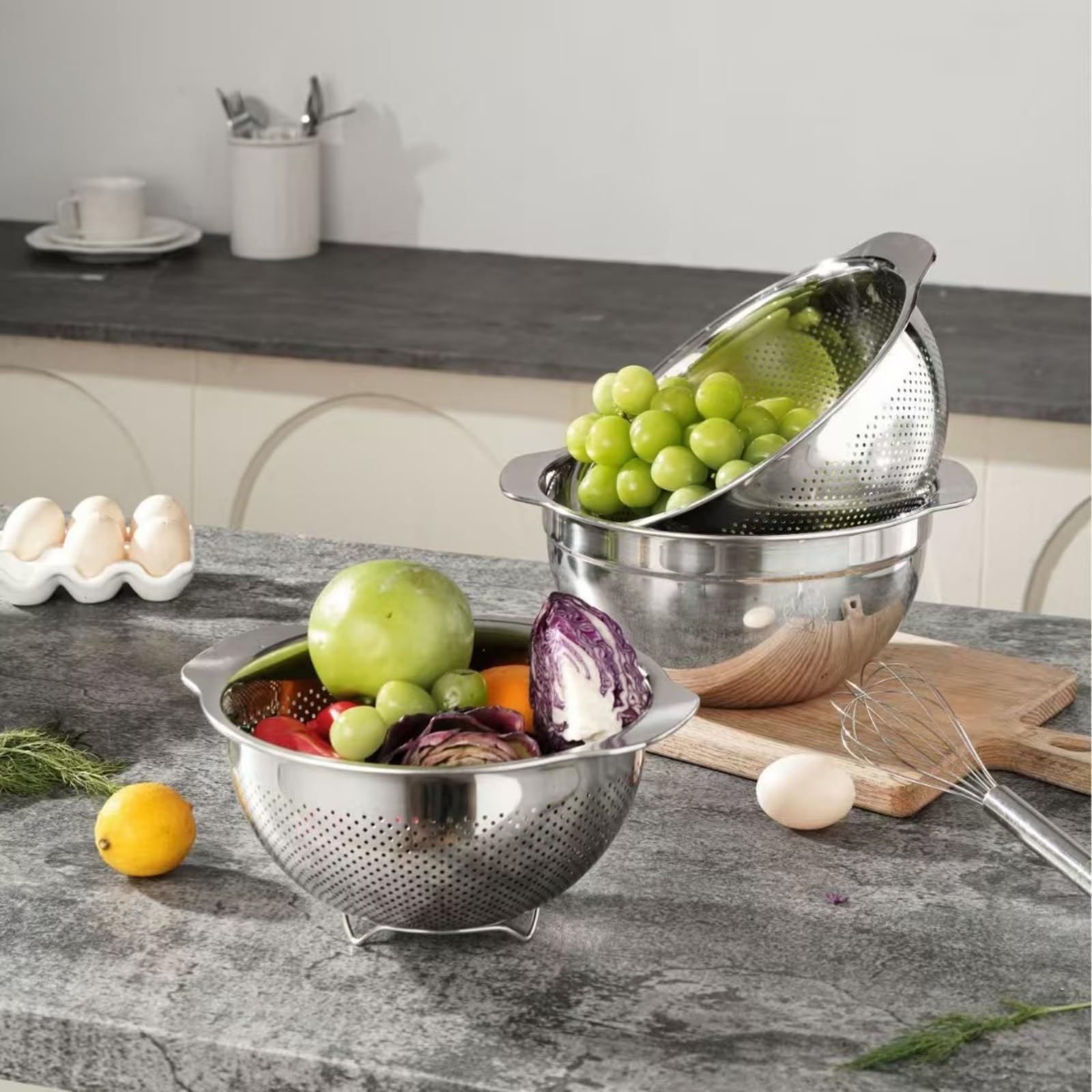Generisch 3er Pack Metall Küchensieb Set für und Obst mit feinen Löchern, praktisches Sieb aus Edelstahl, Starkes Küchensieb