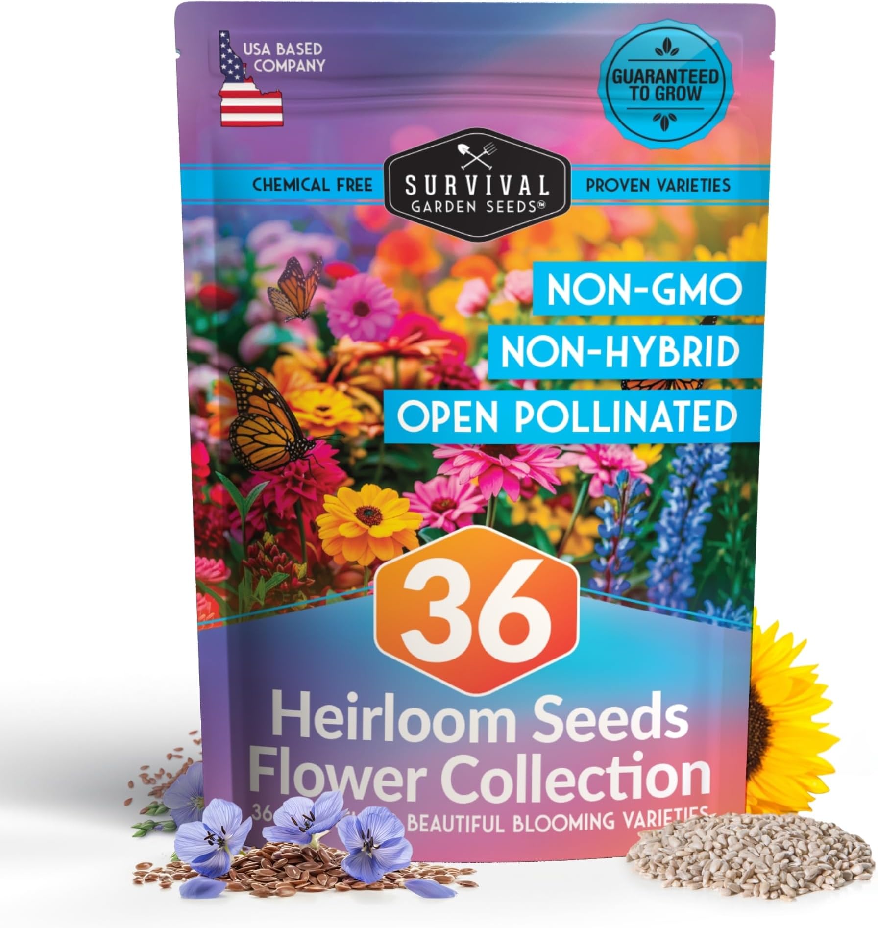 Flower Garden Seeds 36 Variety Kit - Heirloom Starter Pack | 36 Packs of Annual & Perennial Flowers for Planting – Wildflowers for Pollinators, Bees, Butterflies - Survival Garden Seeds