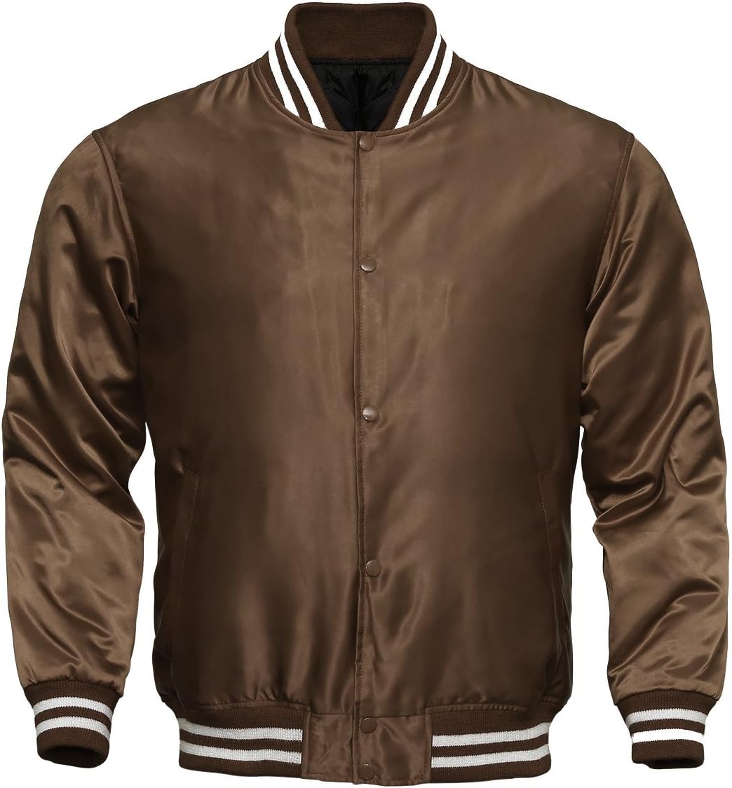 Genz Men Women Bomber Jacket Satin Polyester Vintage Army Biker Retro Zip Up Casual Coat (BROWN, X-LARGE)