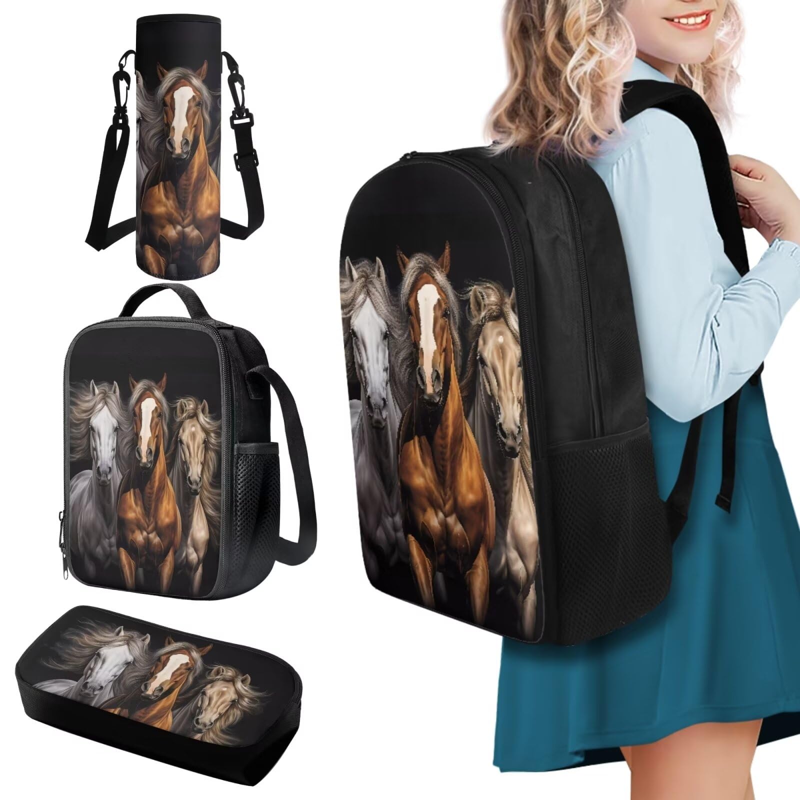 COEQINE Juego de 4 mochilas con temática de caballos para niños, adolescentes, niñas, lonchera, estuche para lápices, botella de agua grande, Caballos negros