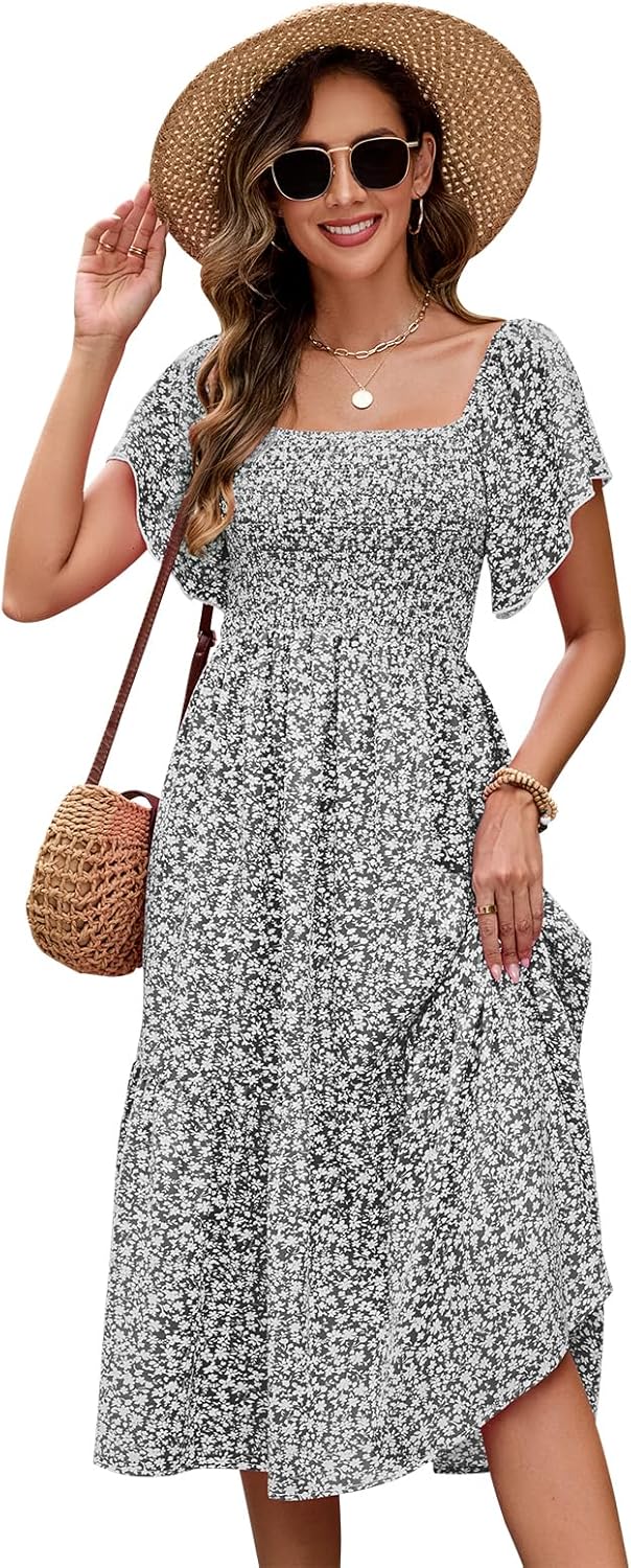 Summer Casual Floral Dresses for Women Beach Vacation Midi Sundresses Short Sleeve Square Neck Boho Flowy Smocked Dress - Image 4