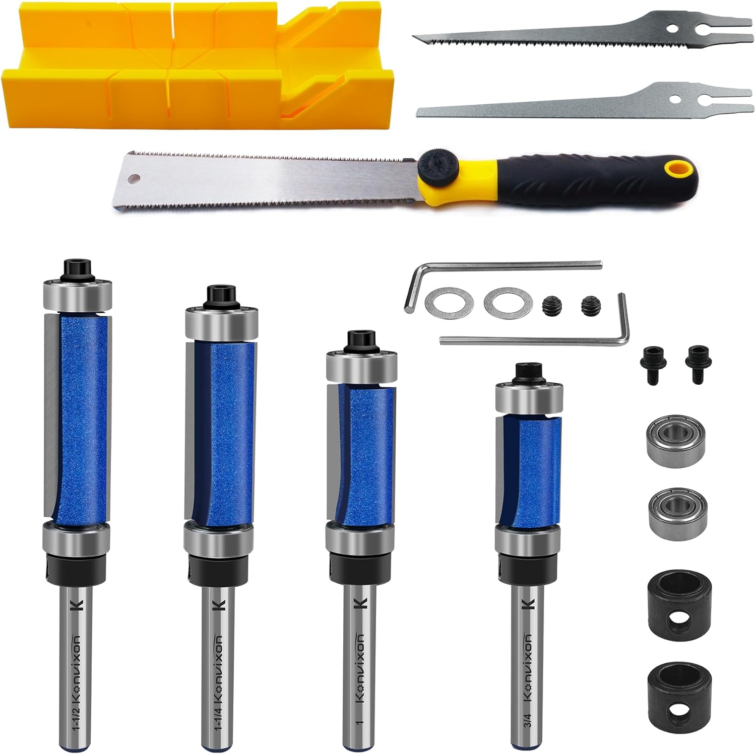 Miter Box and Saw Set with Flush Trim Router Bit Kit – Complete Woodworking Tool Set for Precise Miter & Bevel Cuts, Trimming & Edge Finishing, Ideal for DIY and Professional Use