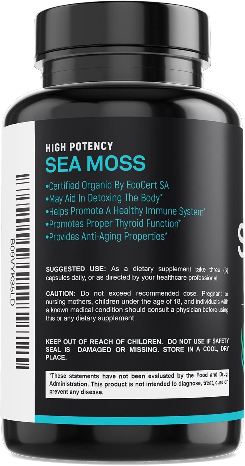 Certified Organic Sea Moss Capsules 2250mg Wildcrafted Irish Sea Moss Burdock Root Bladderwrack Supplement Raw Seamoss Pills & Powder (Pack of 1 at 180-Caps) - Image 9