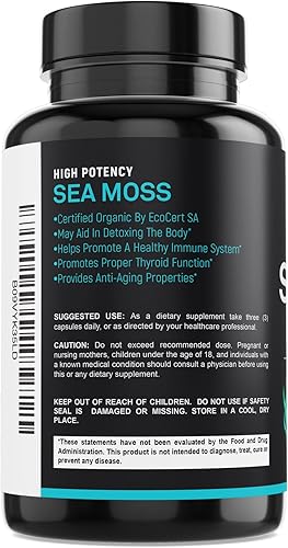 Miniatura 9 de Cápsulas de musgo marino orgánico certificado, 2250 mg de musgo marino irlandés silvestre, suplemento de raíz de bardana, píldoras de masa marina