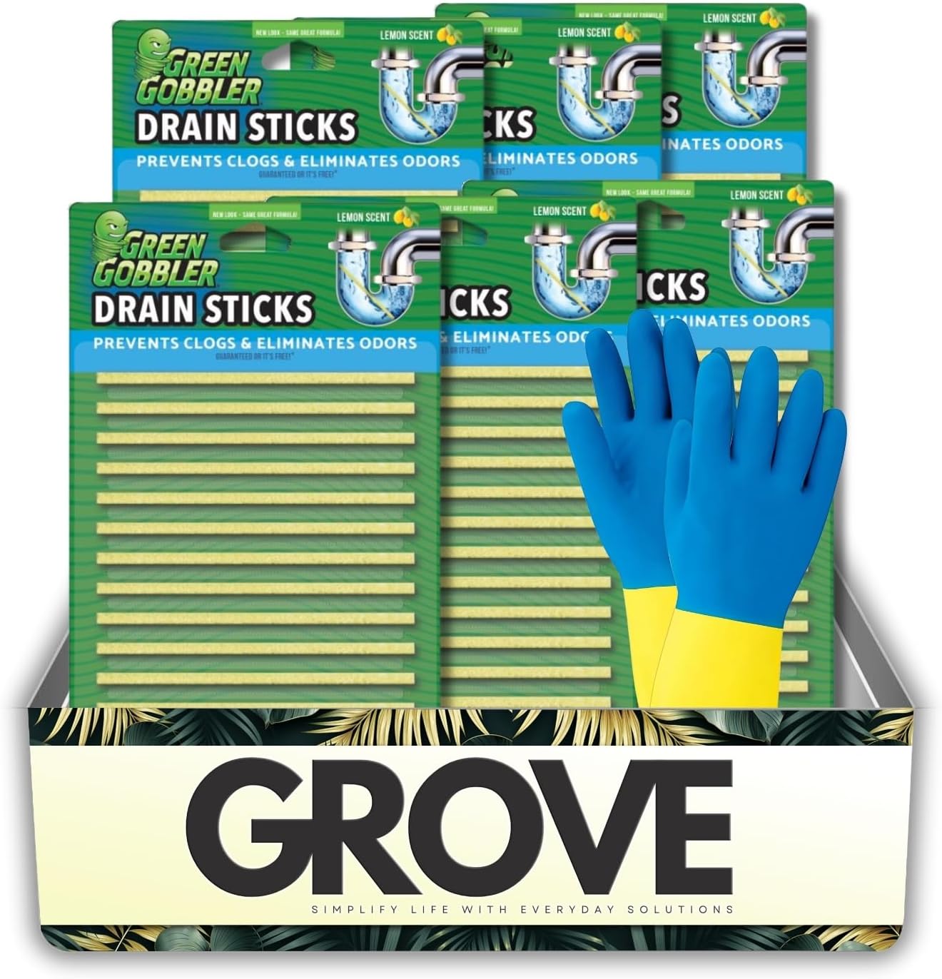 6x Green Gobbler Strip Drain Cleaner and Deodorizer 1.47 oz Bundle with Cleaning Gloves – Drain Smell Eliminator & Breaks Down Matter in Drains – Easy-to-Use Deodorizing Strips – Gift Set (7 Items)