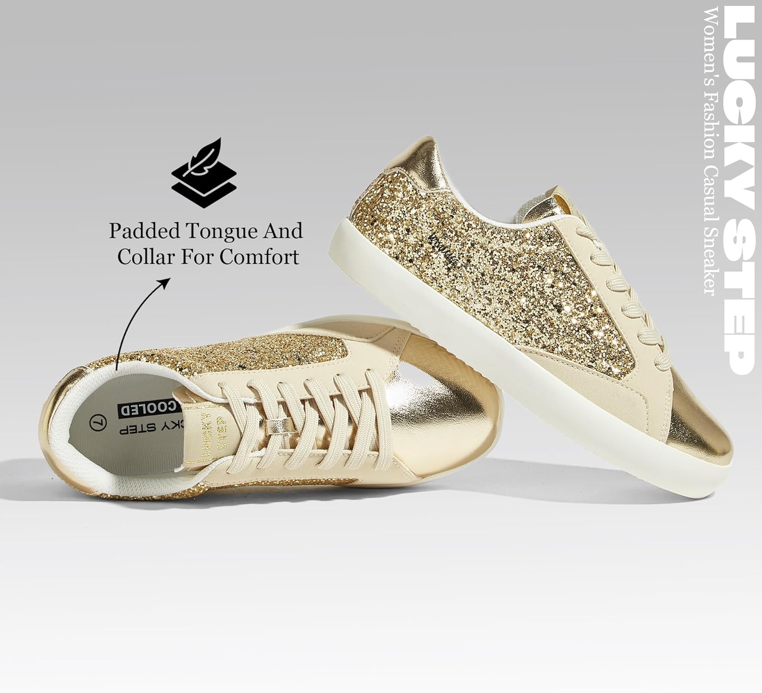 LUCKY STEP Women's Fashion Glitter Sneakers Casual Trendy Sparkly Party Tennis Shoes Shiny Bling Anti-Slip Dressy Bedazzled Wedding Bridal Footwear