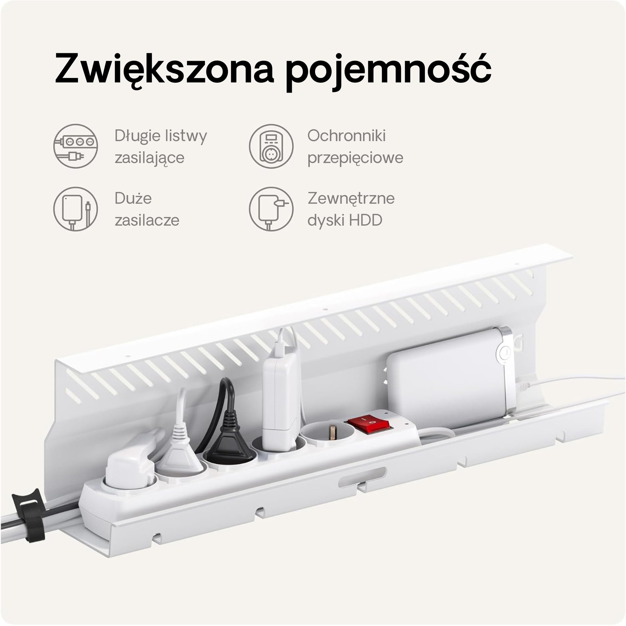 Organizer kablowy, biały, zestaw 2 szt. – stal nierdzewna, do zarządzania kablami, kanał kablowy z 5 otworami na kable – łatwy w montażu organizer – uchwyt na kable Desktronic