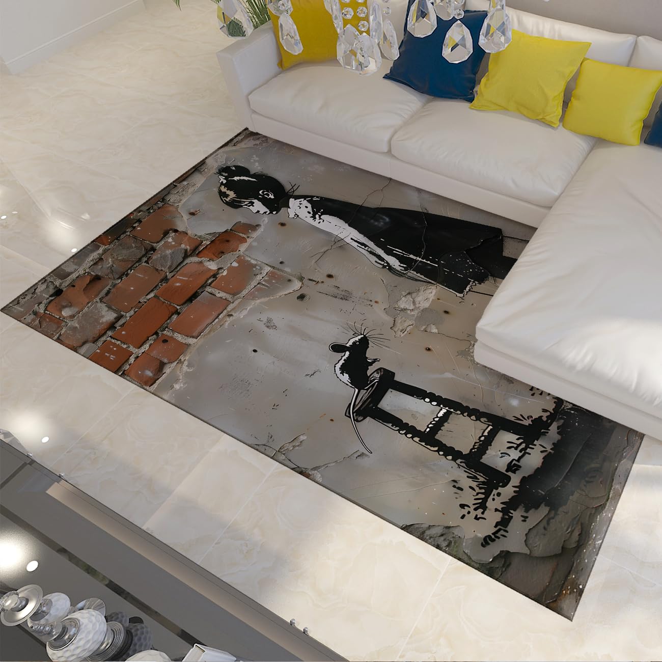 Tapis Banksy Street Art 120x150cm lavable et antidérapant pour salon moderne