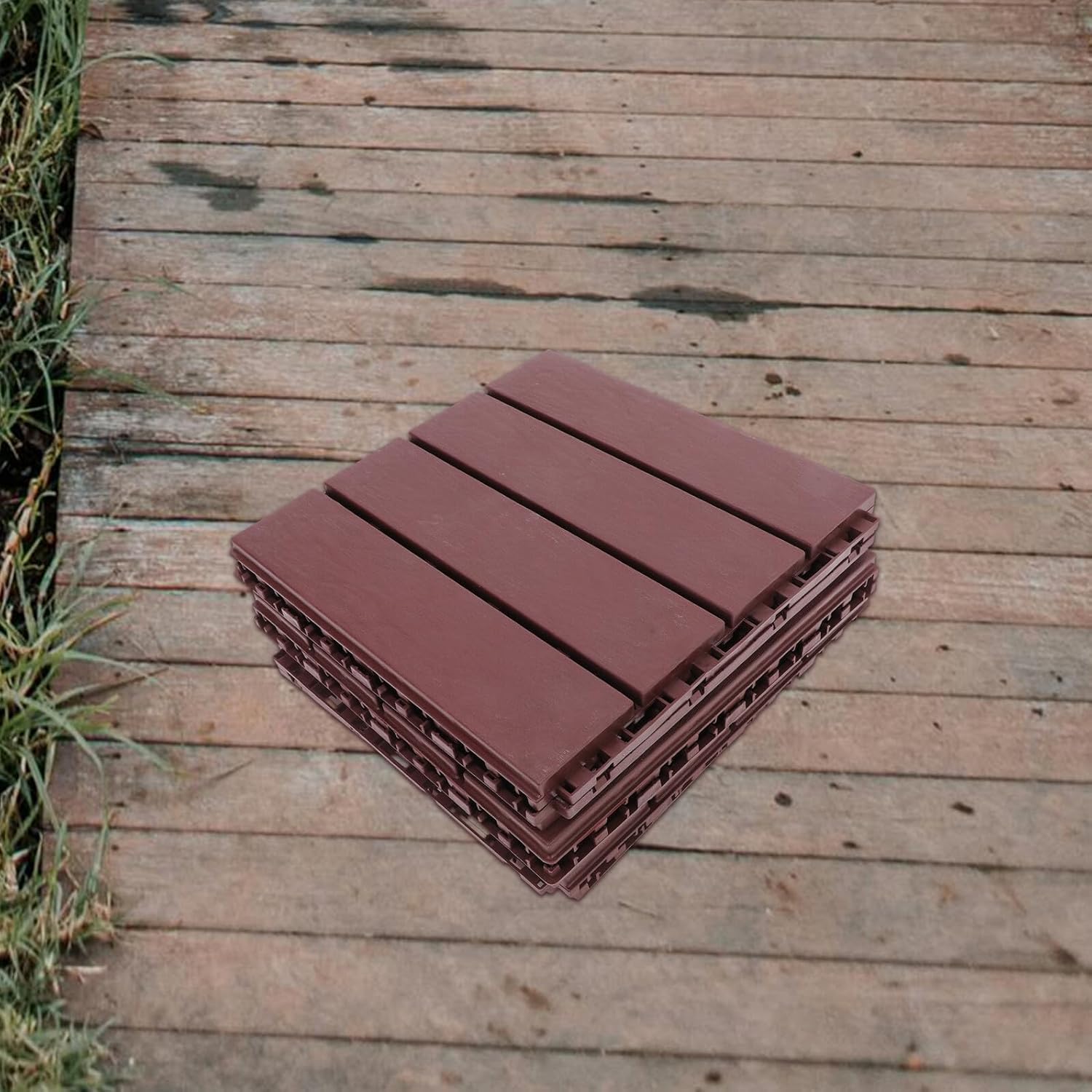 6pcs Outdoor Plastic Deck Tiles Interlocking Patio Flooring Deep Brown Porch and Balcony Floor Blocks for Garden and Terrace Weather Resistant