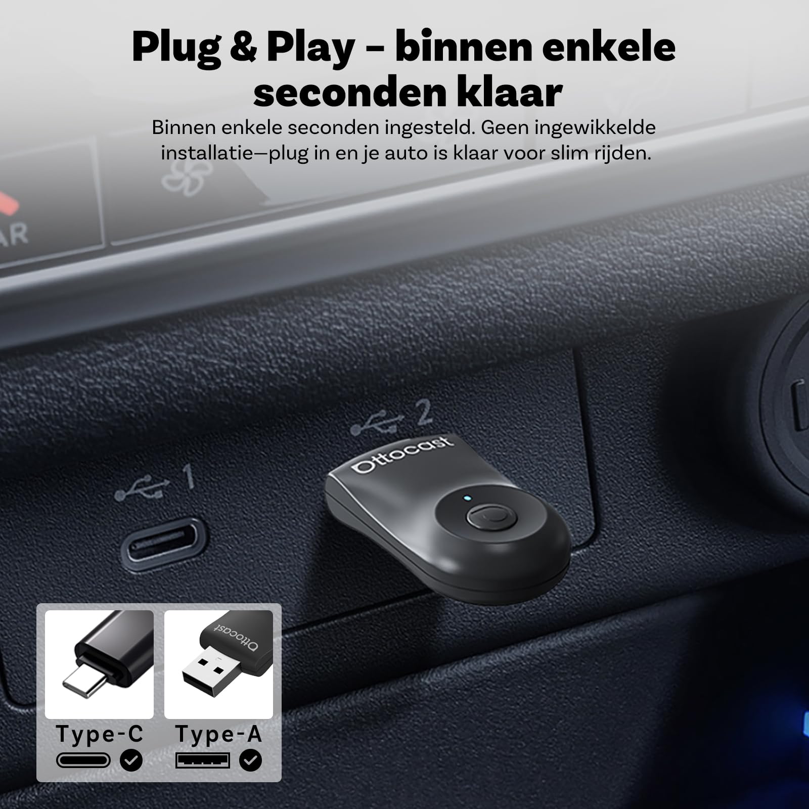 OTTOCAST Mini 2-in-1 Draadloze CarPlay/Android Auto Adapter, 5GHz WiFi