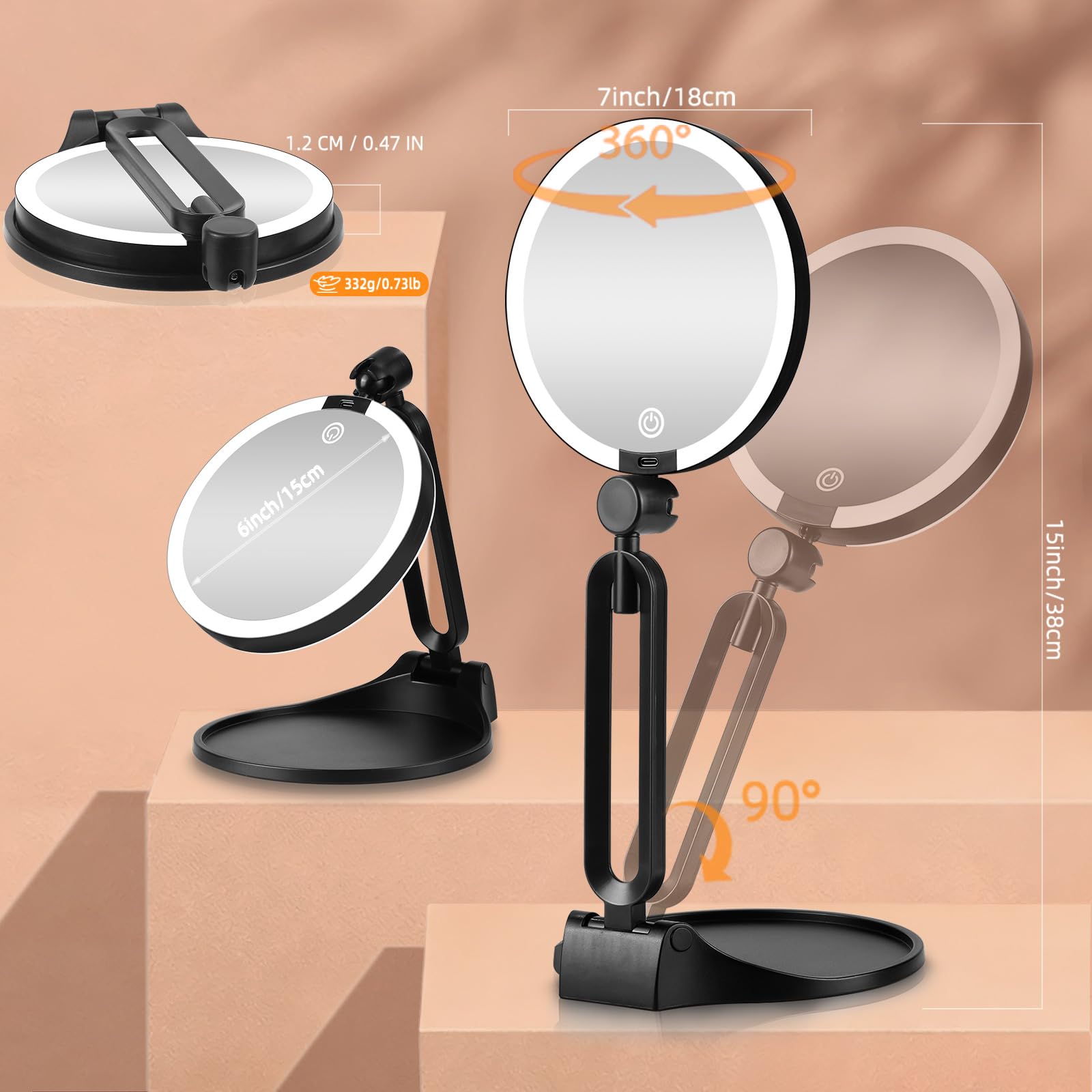 Espejo de maquillaje de viaje con luces, espejos de tocador iluminados portátiles de 6 pulgadas para escritorio/viajes, espejo LED de atenuación de doble cara 1X+30X con soporte plegable ajustable