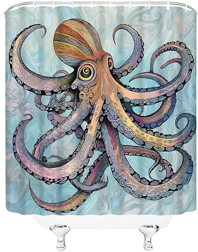 Miniatura 3 de Cortina de ducha bohemia con diseño de pulpo, diseño abstracto de Kraken con diseño floral bohemio, océano, gigante, vida marina, tentáculo, cortina